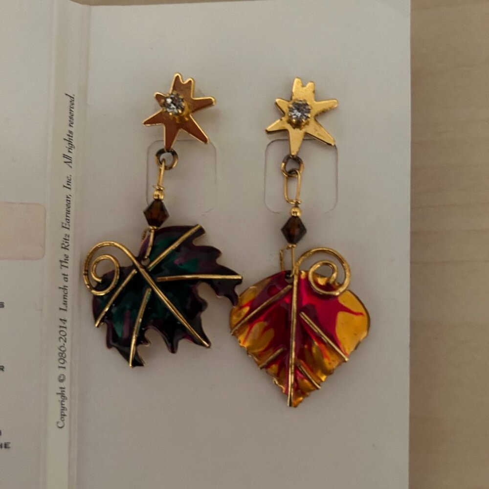 New Lunch At The Ritz Couture Autumn Snacks Enamel Fall Leaf Earrings